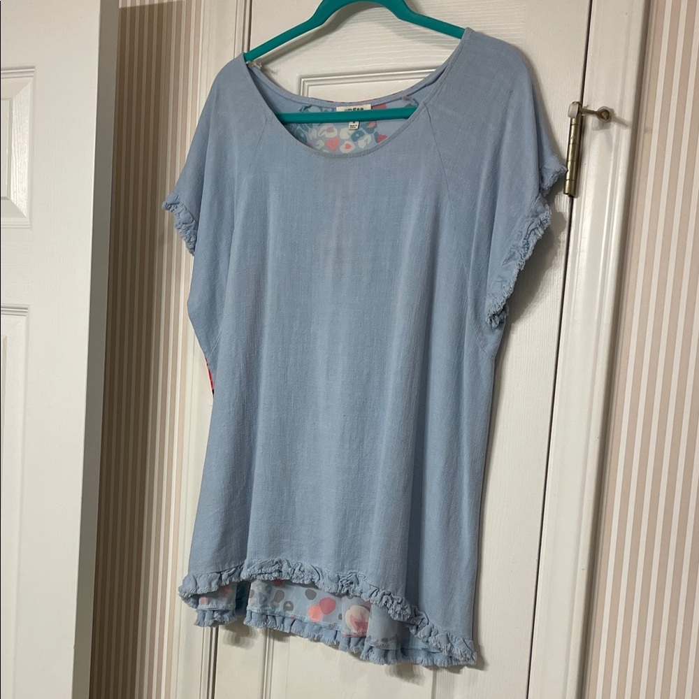 Umgee Light Blue Ruffle Hem Short Sleeve Tunic